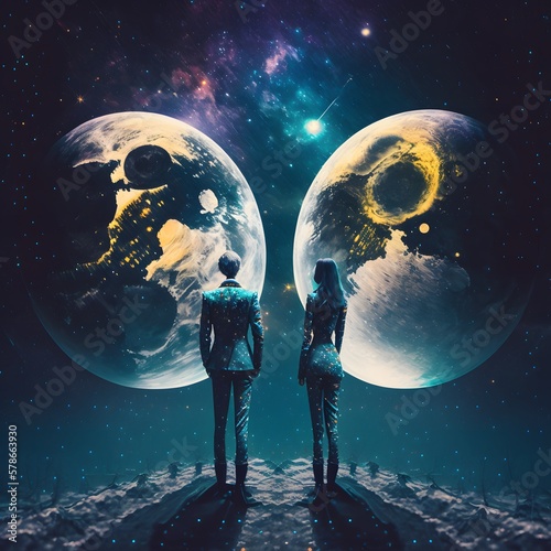 couple stand in front of moon created using AI Generative Technology