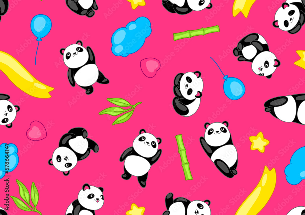 Seamless pattern with cute kawaii little pandas. Funny characters and decorations in cartoon style. Seamless pattern with cute kawaii little pandas. Funny characters and decorations in cartoon style.