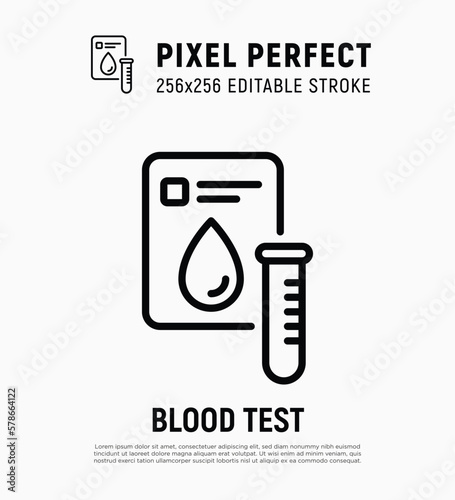 Blood test, medical report with blood droplet and test tube. Thin line icon. Pixel perfect, editable stroke. Vector illustration.