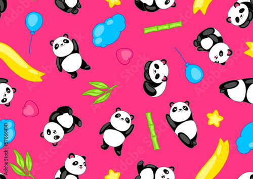 Fototapeta Naklejka Na Ścianę i Meble -  Seamless pattern with cute kawaii little pandas. Funny characters and decorations in cartoon style.