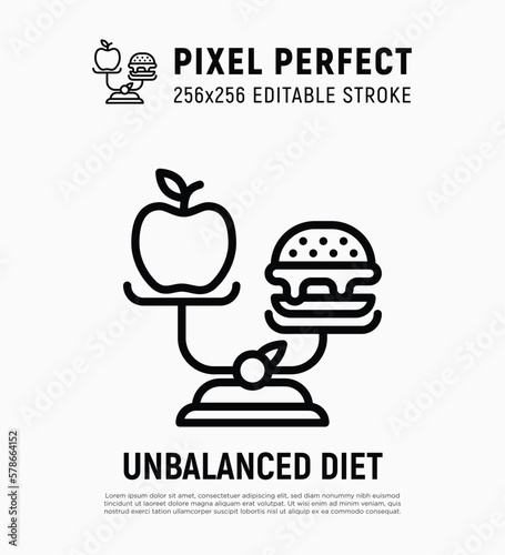 Unbalanced diet: scales with hamburger and apple. Unhealthy food. Pixel perfect, editable stroke. Vector illustration.