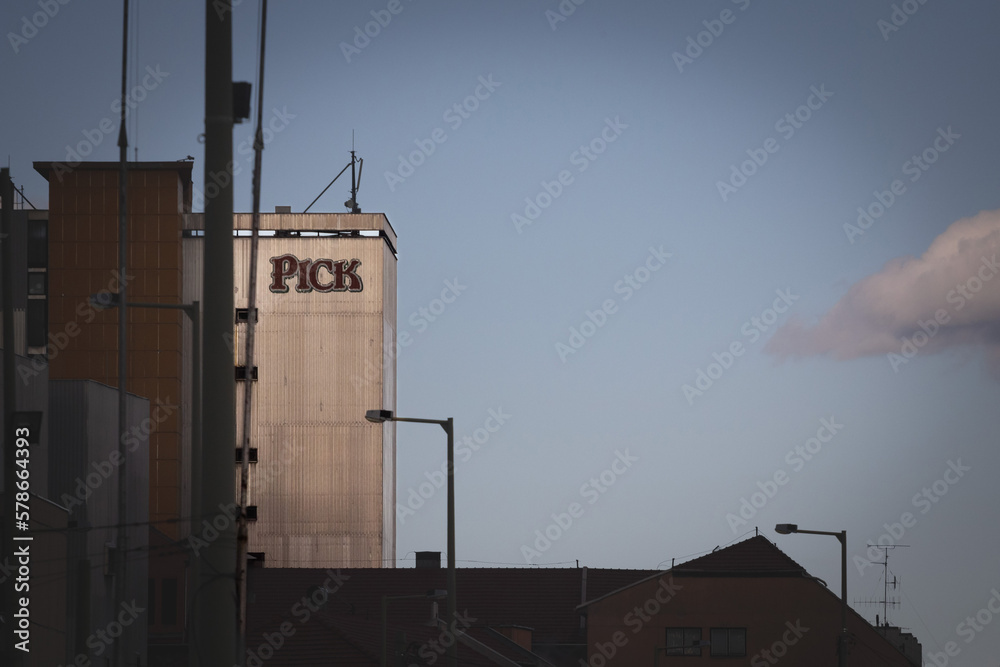 SZEGED, HUNGARY SEPTEMBER 18, 2022 Selective blur on the logo of Pick Szeged on their factory