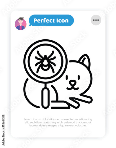 Cat with mite under magnifying glass. Veterinary clinic. Pet parasites. Thin line icon. Vector illustration.