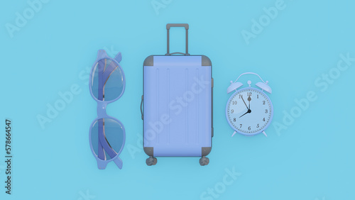 Travel set object. flat layer style. Mini luggage and alarm clock, sunglasses on blue background. Time to travel. Top view 3d rendering