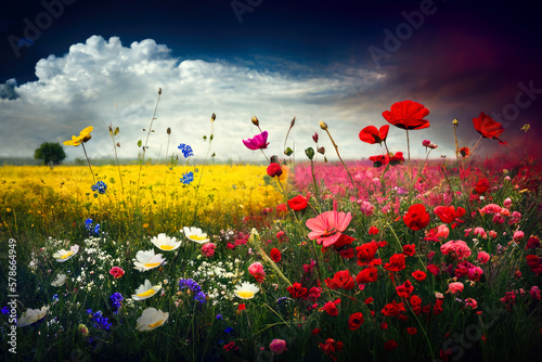 Colorful flower meadow in spring, ai generative