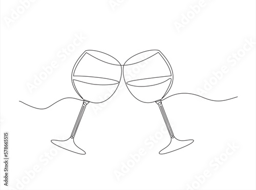 One continuous single line of hand drawn with Two glasses of wine cheering isolated on white background.