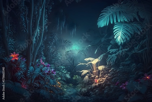 neonfarhener Zauberwald  mysteri  se Stimmung  schmaler Pfad  leuchten im Hintergrund  kreative Illustration