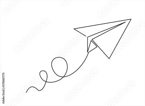 One continuous line drawing of origami paper plane flying. Flat design. White background. Single line draw design vector illustration photo