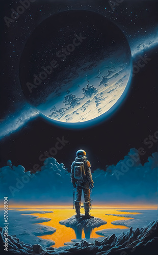 Astronaut explores a planet surface alone, vintage science fiction paperback style art. Generative AI