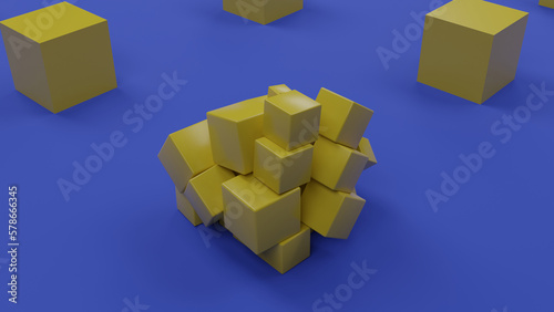 3d rendering of an array of yellow cubes on a dark blue background. The cubes are scattered in a mess. Next to the cubes are in strict order. An illustration of chaos and order.