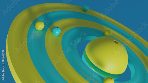 3d rendering of an abstract model. Geometric abstraction of spheres and rings in a chaotic arrangement. Yellow-blue color of the composition.