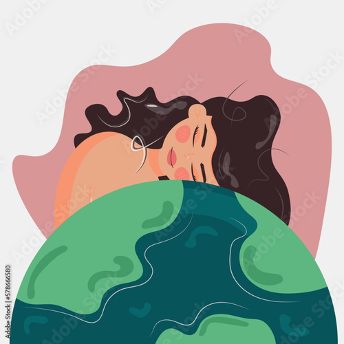 Girl hugs earth, happy earth day, save nature Vector eco illustration for social poster oк banner.