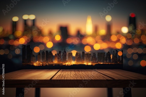 Downtown cityscape seen through a wooden table  the lights of which are blurred in the background. Generative AI