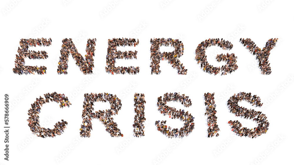 Concept or conceptual large community of people forming ENERGY CRISIS message. 3d illustration metaphor for energy shortages due to war, russian sanctions, coal dependency and drought Concept or conceptual large community of people forming ENERGY CRISIS message. 3d illustration metaphor for energy shortages due to war, russian sanctions, coal dependency and drought