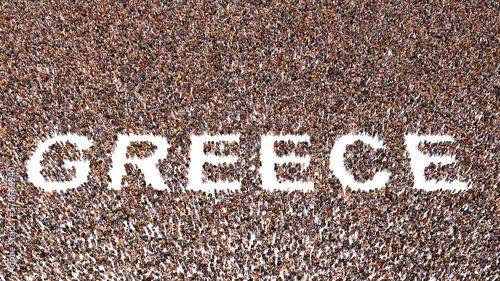 Concept or conceptual large community of people forming the word GREECE. 3d illustration metaphor for culture, history and education, politics, economy and business, travel and adventure