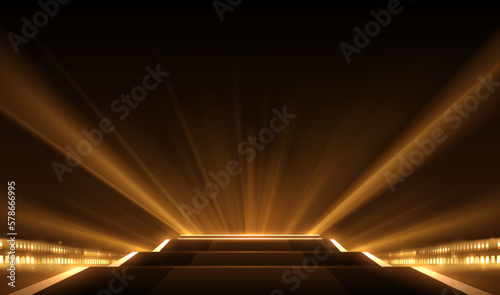 Abstract golden light rays scene with stairs