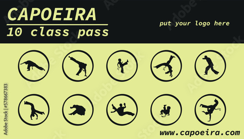 Capoeira training business card. Loyalty card. 10 class pass card vector template.