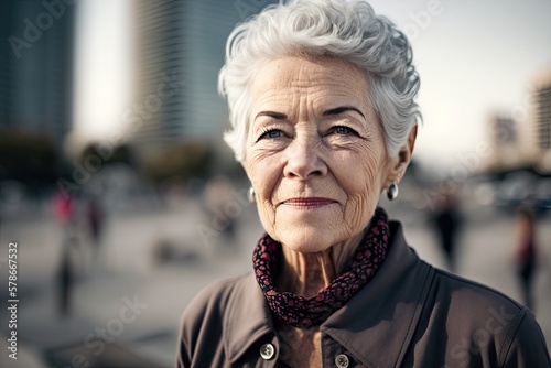 Portrait of smiling senior woman with gray hair with a blurred city in the background. Ai generative.