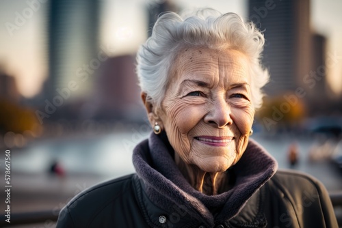 Portrait of smiling senior woman with gray hair with a blurred city in the background. Ai generative.