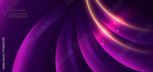 Abstract glowing gold curved lines on dark purple background with lighting effect and sparkle with copy space for text.