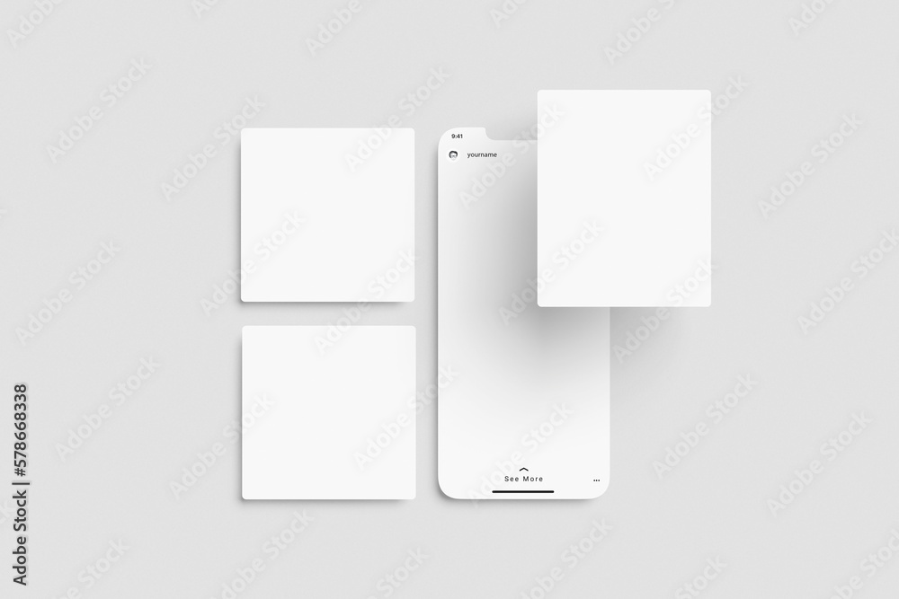 Blank and white Instagram post with smartphone screen on grey