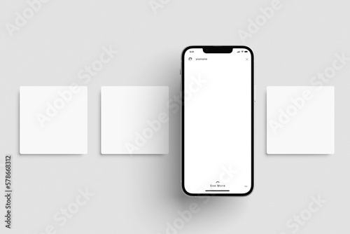 Blank and white Instagram post with smartphone screen on grey background. suitable to make good mockup
