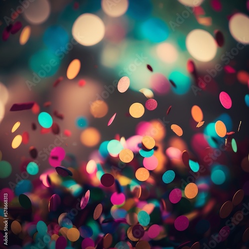 Colorful confetti in front of colorful background with bokeh for carnival party celebration sprayed into the air pieces blurred gala award ceremony carpet red paper Generative Ai 