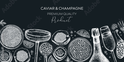 Caviar and champagne hand drawn illustrations collection. Hand drawn red caviar canape, canned black caviar, sparkling wine bottle, glasses sketches set. Seafood drawings isolated on white background