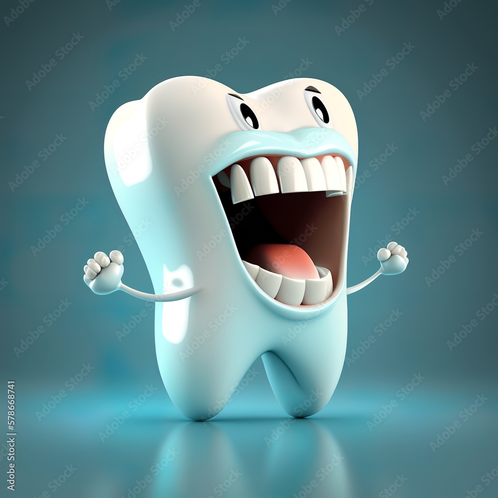 Happy tooth cartoon character with teeth toothpaste laugh smiley hands