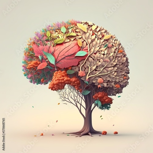 Human brain tree with flowers self care and mental health concept white black background autumn falling leaves purple trunk canopy falling off color brown Generative AI 