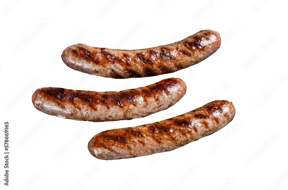 Grilled beef and lamb meat sausages with rosemary herbs on grill.  Isolated, transparent background - obrazy, fototapety, plakaty 