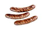 Grilled beef and lamb meat sausages with rosemary herbs on grill. Isolated, transparent background