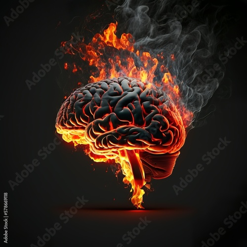 The human brain is red-hot from high mental activity, hot fire smokes. The concept of study overload, memory, erudition powder rainbow burn full intelligence cerebellum neurology Generative AI  photo