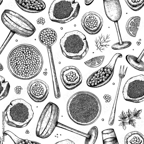 Caviar and champagne seamless pattern. Hand drawn red caviar canape, canned black caviar, sparkling wine bottle, glasses sketches. Seafood vector background