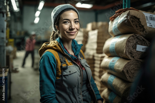 Caucasian woman with mixed Asian and Western features in her 30s smiling in work clothes in a warehouse. Concept of working woman