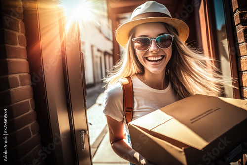 Smiling blonde Caucasian woman in her 20s and 30s looking at the camera with sunglasses receiving a package in a box on her doorstep during the day with a sun flare at her right.