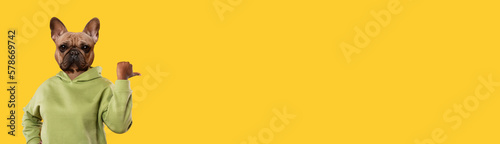 Fototapeta Naklejka Na Ścianę i Meble -  Obese Black Woman With Dog Head Pointing Aside, Yellow Background