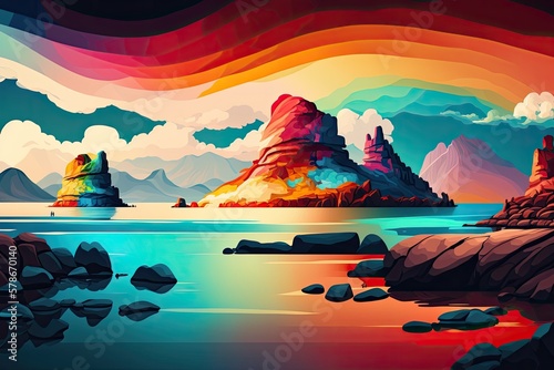 scenery with placid water, cliffs, rocks, mountains, and a rainbow sky as an abstract panoramic background. Horizontal minimalist wallpaper. Generative AI