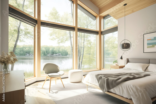 modern bright light luxury bedroom in the forest house overlooking to the beautiful lake, generative ai