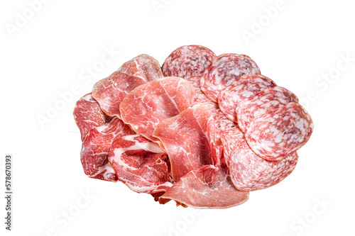 Meat Charcuterie Plate with Prosciutto crudo, Salami and Coppa Sausage. Isolated, transparent background