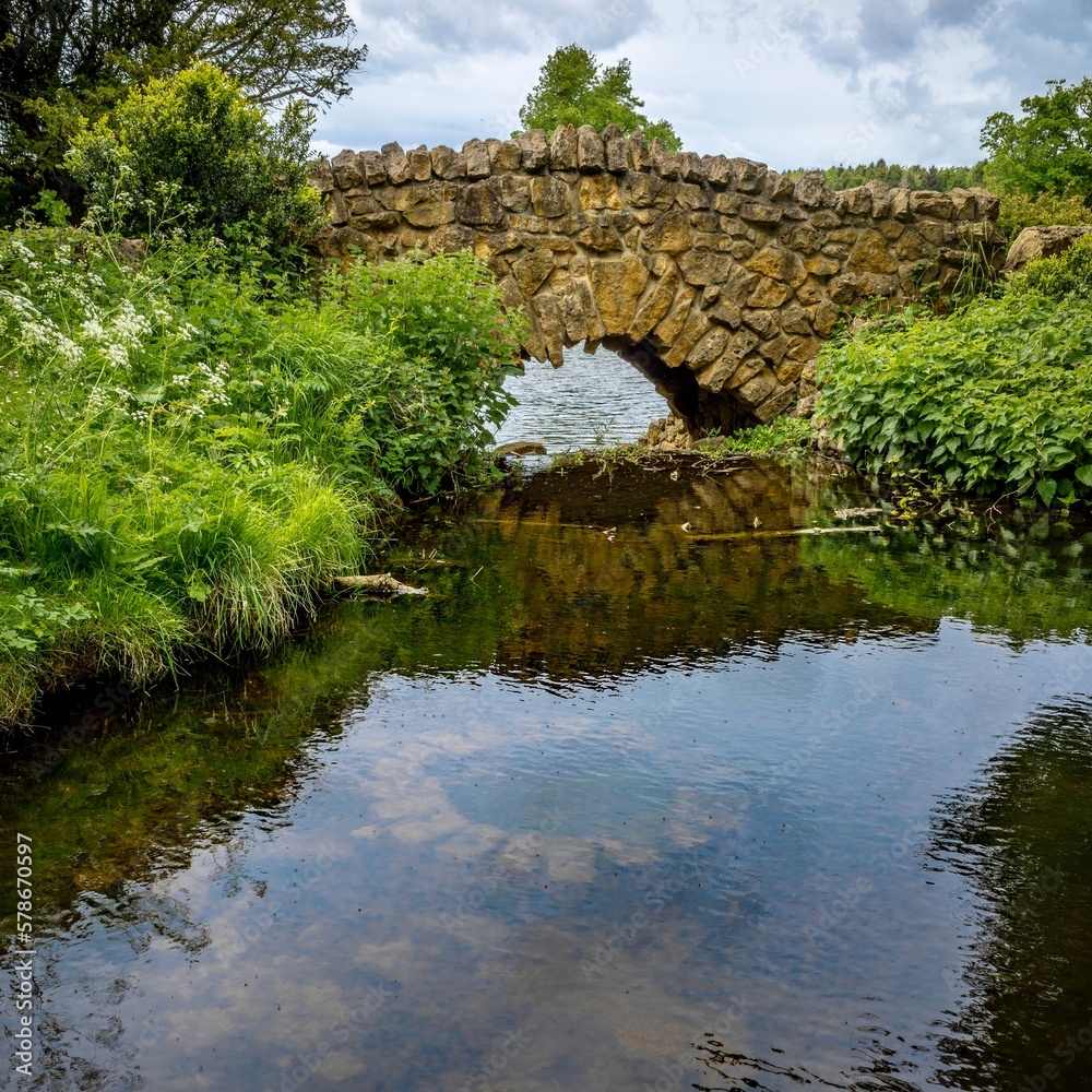 Bridge over pond with hidden underwater well at Hardwick Country Park