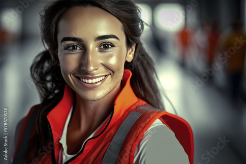 smiling young Caucasian brunette with long hair in her 30s and 40s looking at the camera in a red safety waistcoat against an out-of-focus background, working woman concept