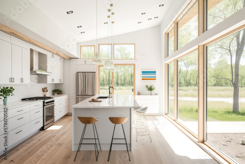 modern bright light luxury kitchen in the forest house overlooking to the beautiful lake, generative ai