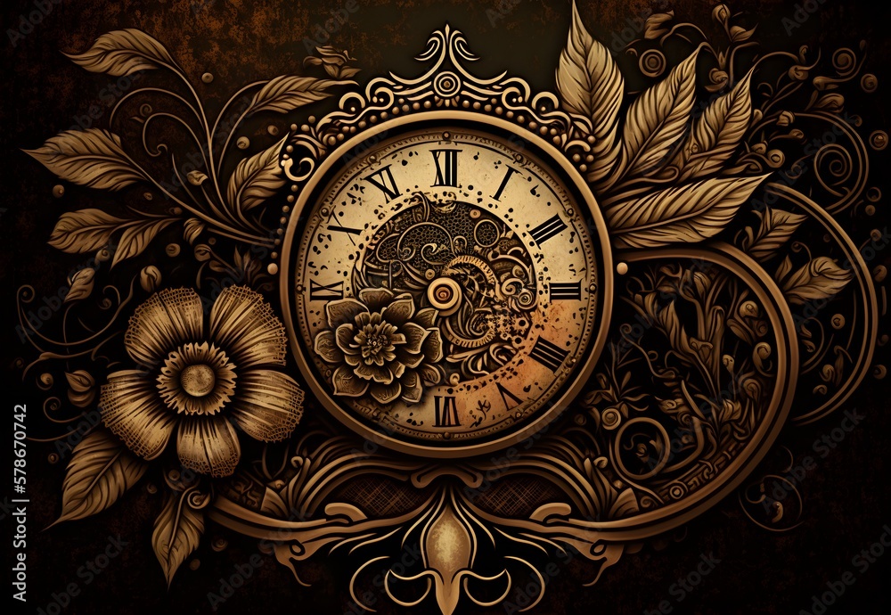 Steampunk Taschenuhr, goldene Farben, altes Ziffernblatt, floraler Stil um die Uhr herum, Wallpaper Hintergrund, kreative Illustration