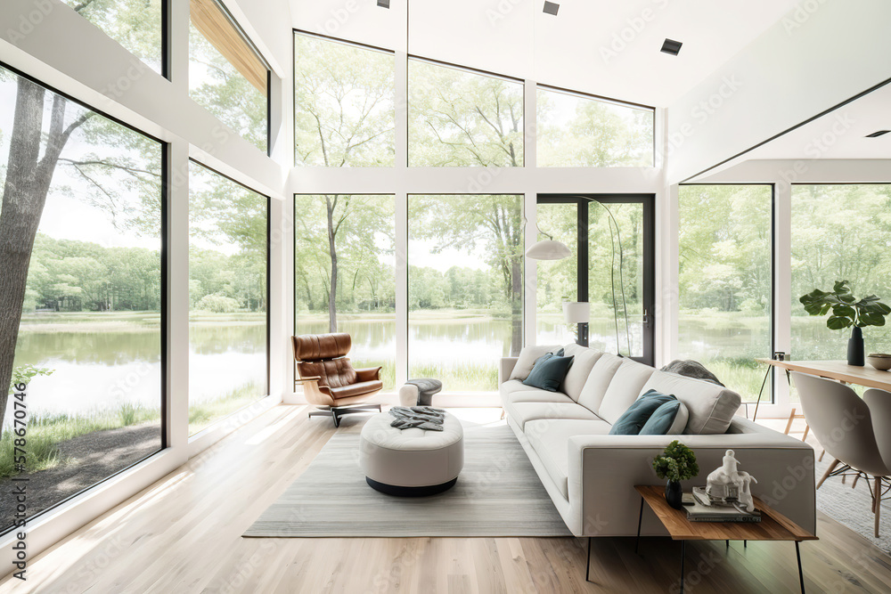 modern bright light luxury living room in the forest house overlooking to the beautiful lake, generative ai modern bright light luxury living room in the forest house overlooking to the beautiful lake, generative ai