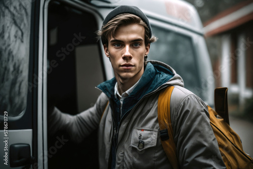 Young Caucasian Man in Winter Work Clothes with Serious Expression, Delivering Packages in Front of his Delivery Van. Concept of Efficient and Reliable Delivery Service