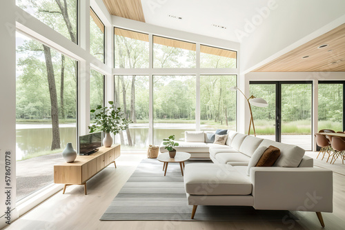 modern bright light luxury living room in the forest house overlooking to the beautiful lake, generative ai © Gbor