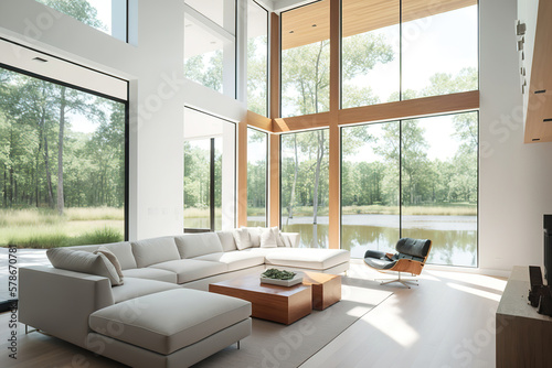modern bright light luxury living room in the forest house overlooking to the beautiful lake  generative ai