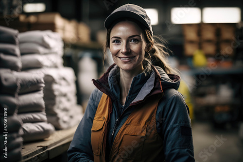 smiling Brunete Caucasian female parcel deliverer standing far away and holding package in hands; wearing a Peaked cap; looking the camera