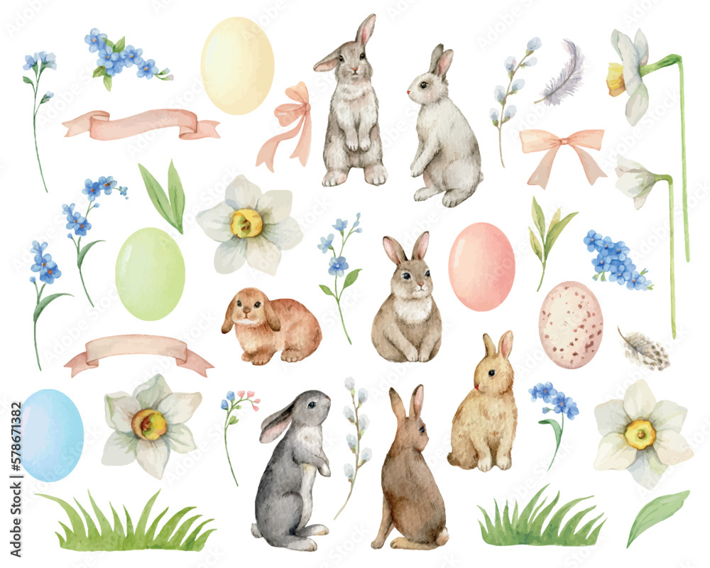 A set of vector watercolor Easter elements in pastel colors. - obrazy, fototapety, plakaty 